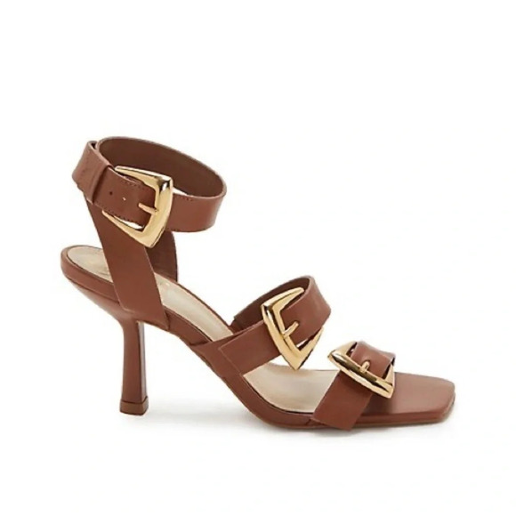 Vince Camuto Jeminstie 3 Buckle Kitten Heel Sandals Brown & Gold Size 10 - Picture 1 of 15